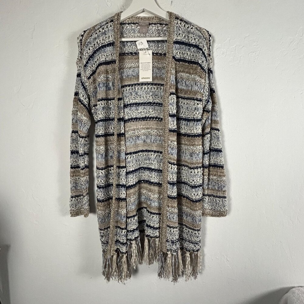 Chico's Womens Open Front Cardigan Sweater Fringe Trim Striped Knit Size 0 New